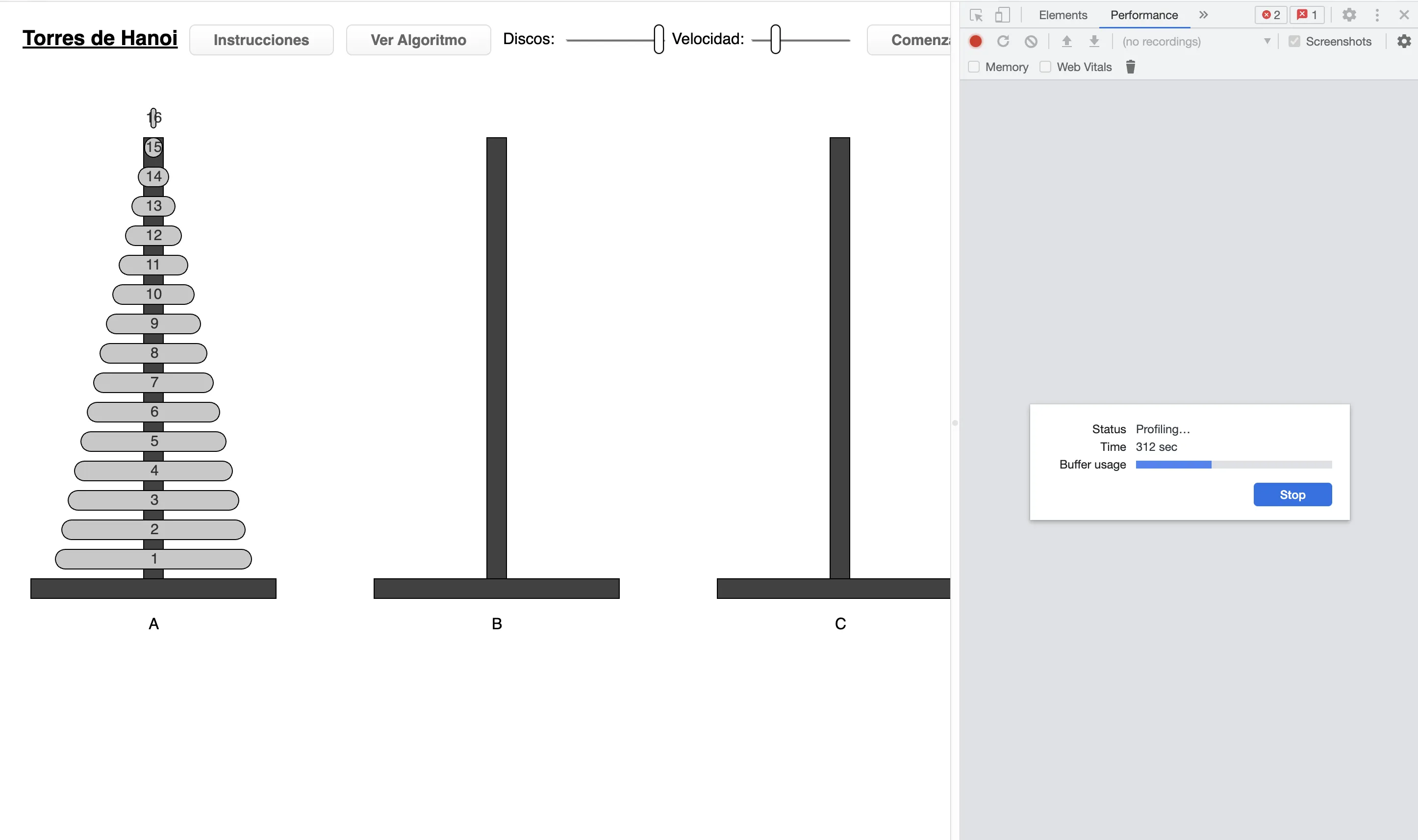 20 disks execution time - JS implementation